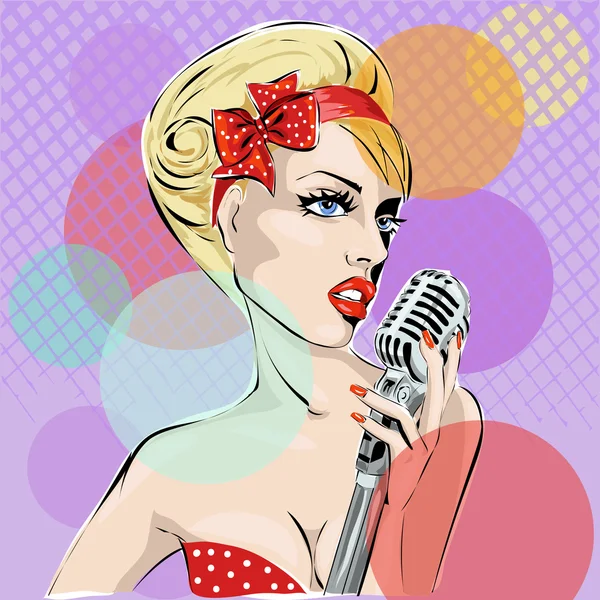 Illustration Pop Art de jeune femme chantant avec microphone — Image vectorielle