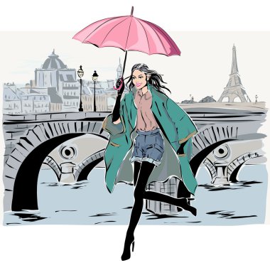 Kroki tarzı Paris şehir arka plan ile Sonbahar Kış moda modeli