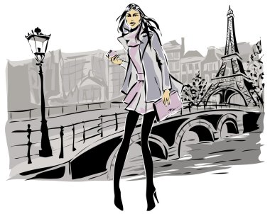 Moda modellerinde tarzı sonbahar kış Paris şehir arka plan ile kroki