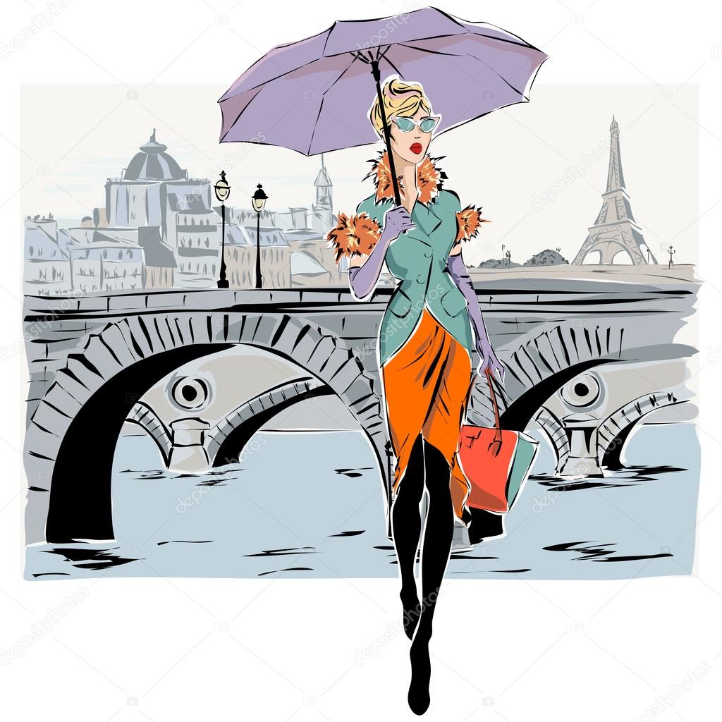 Fashion models in sketch style fall winter with Paris city background
