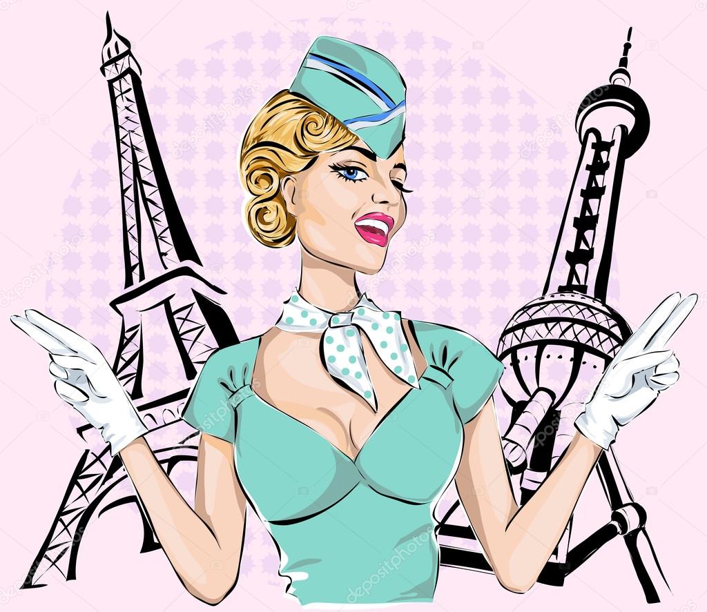 Beautiful sexy stewardess with Eiffel Tower and Oriental Pearl background