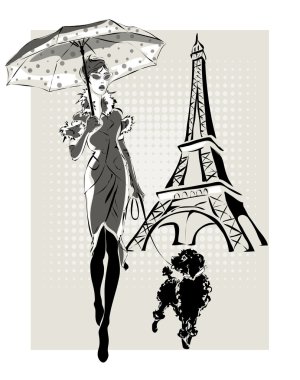 Eiffel Tower yakınındaki illüstrasyon moda kadın ile küçük köpek