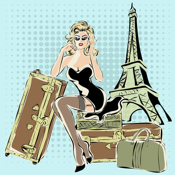 Belle pin-up femme assise sur des valises près de la Tour Eiffel Paris — Image vectorielle