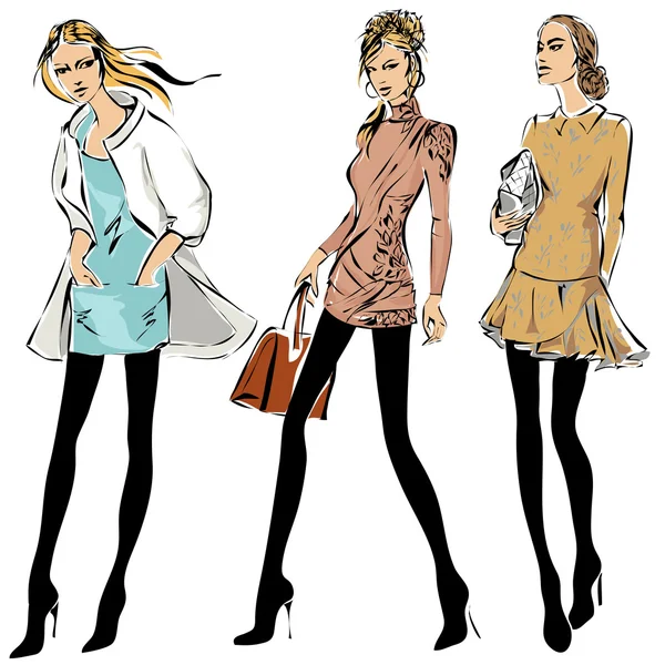 Fashion models in sketch style fall winter — Stock Vector