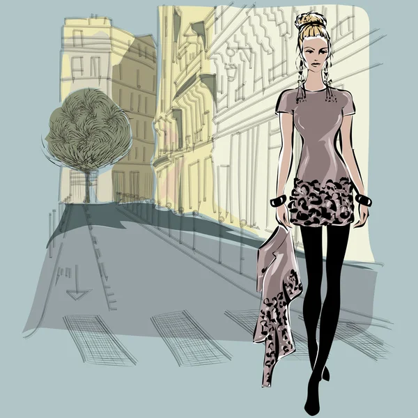 Modelos de moda en estilo sketch con fondo de la ciudad de París — Vector de stock
