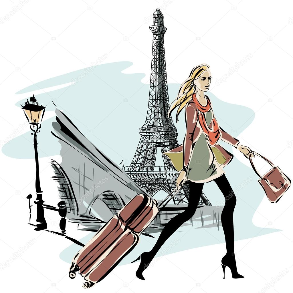 Fashion models with luggage in sketch style and Paris city background