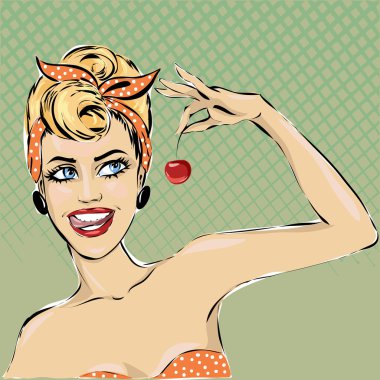 Pop Art illüstrasyon kadın. Pin-up kızı konuşma balonu. Moda, seksi karısı