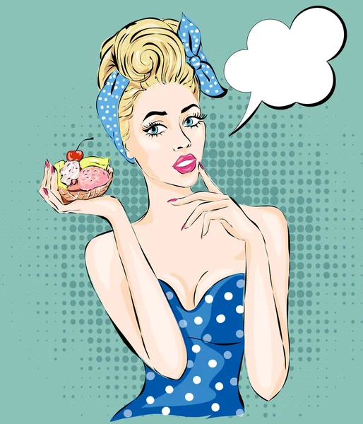 Mujer ilustración Pop Art con taza de té por la mañana. Burbuja de habla de chica pin-up. Moda, esposa sexy — Vector de stock