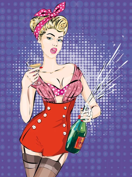 Pin-up Christmas flicka med flaska champagne — Stock vektor