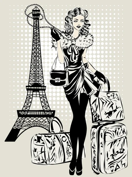 Illustration en noir et blanc de Fashion woman près de la Tour Eiffel avec bagages — Image vectorielle