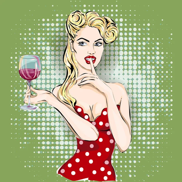 Shhh pop cara de mulher de arte com o dedo em seus lábios e copo de vinho — Vetor de Stock