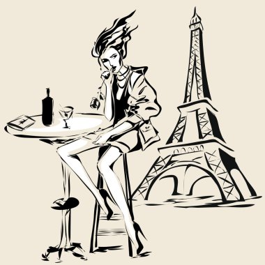 Eiffel Tower yakınındaki kafede oturan kırmızı şarap ile kız moda