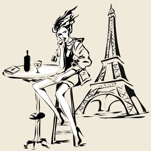 Chica de moda con copa de vino tinto sentado en la cafetería cerca de la Torre Eiffel — Vector de stock