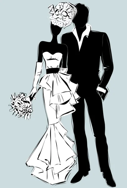 Convite do dia do casamento com noiva e noivo vetor ilustração —  Vetores de Stock
