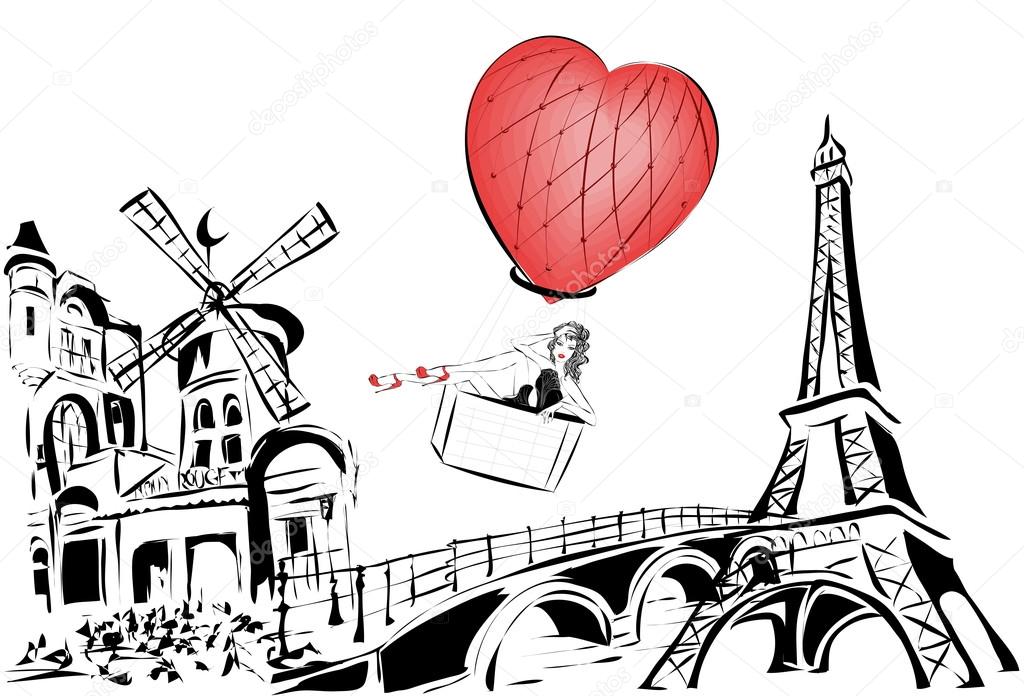 woman in hot air balloon basket over Paris