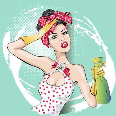Pin-up ev hanımı kadın portre ile silecek. ev, seksi karısı