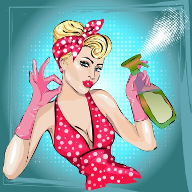Pin-up housewife woman portrait with wiper. housekeeping, sexy wife clipart