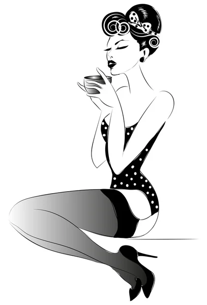 Pop-Art ilustrace žena s ranní šálek čaje. Pin-up girl bublinu. Móda, sexy žena — Stockový vektor