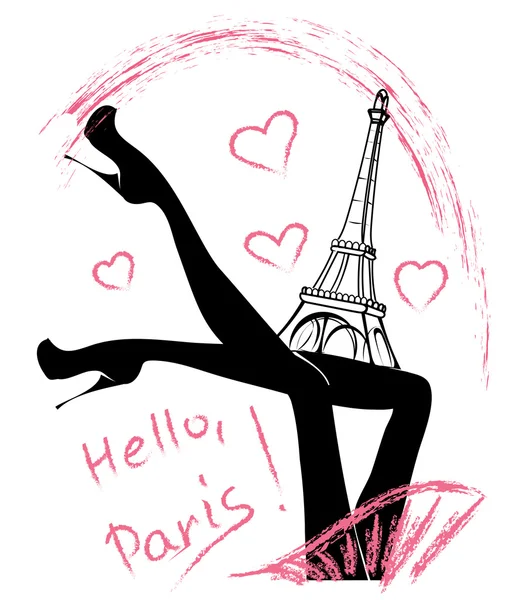 Hola, Paris. Chica de moda cerca de Torre Eiffel — Vector de stock