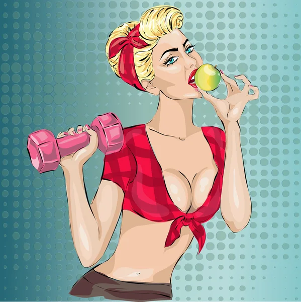 Pin-up fitness nő súlyzó és almával — Stock Vector