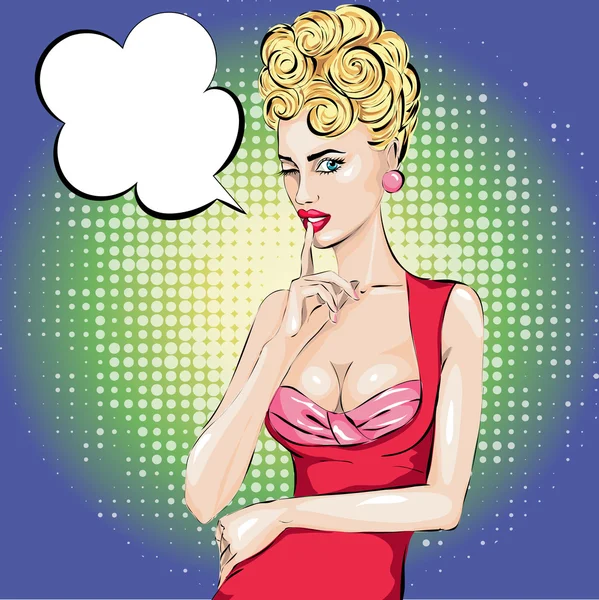 Shhh parole bulle pop art pin-up femme avec le doigt sur ses lèvres — Image vectorielle