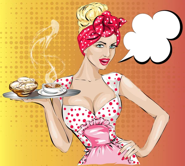 Pop Art femme avec petit déjeuner. Pin-up fille bulle de parole . — Image vectorielle