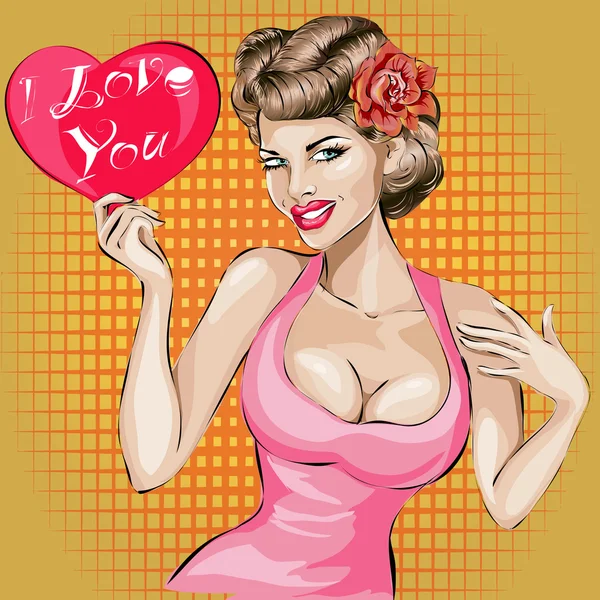 День святого Валентина Pin-Up сексуальный женский портрет с сердцем . — стоковый вектор