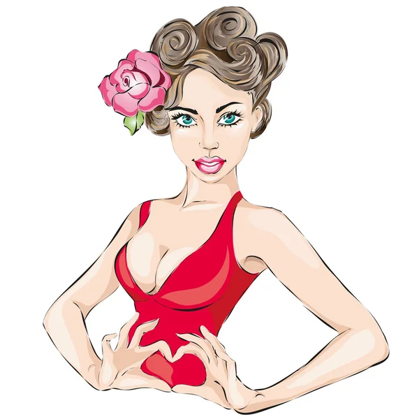 Valentines Day Pin-up femme sexy portrait avec mains geste de coeur . — Image vectorielle