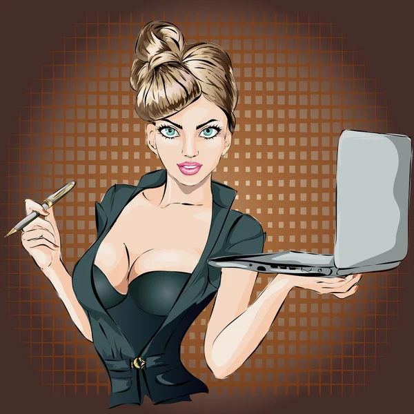 Pin-up babyface sexy mulher de negócios retrato com laptop — Vetor de Stock