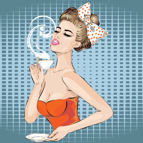 Retrato de mujer Pop Art con taza de té de la mañana. Chica pin-up — Vector de stock