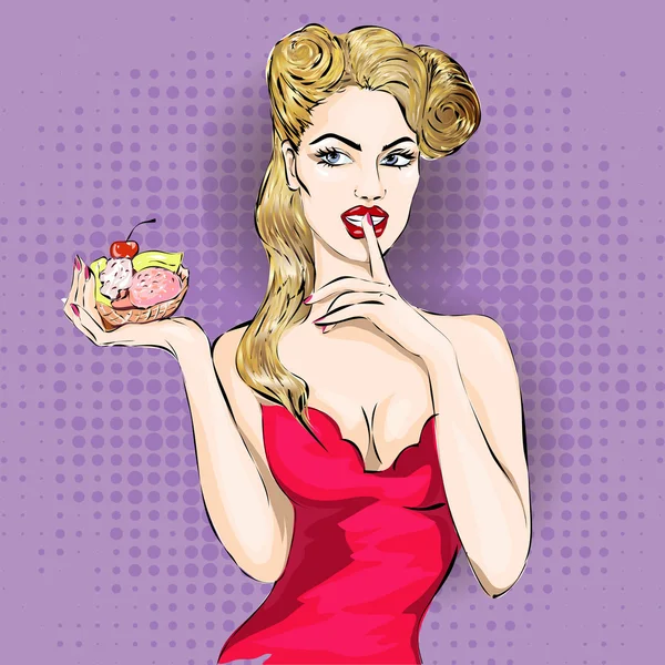 Pop art kadın portre cupcake veya dondurma ile — Stok Vektör