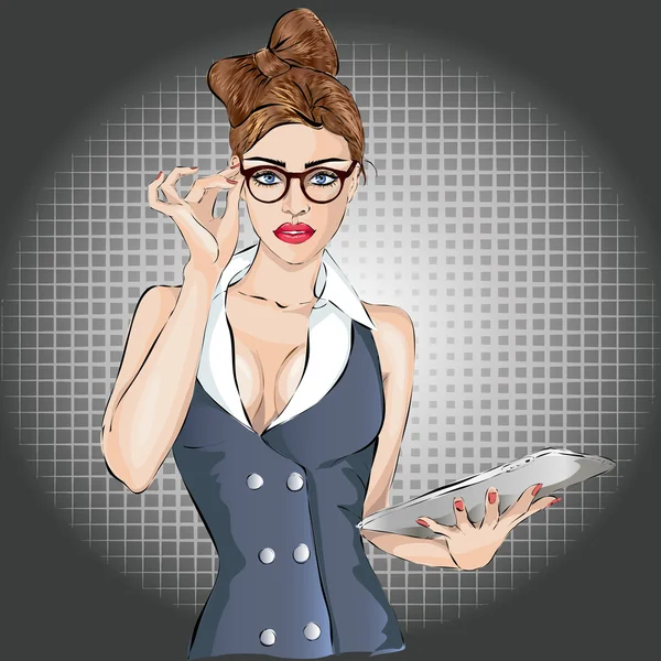 Retrato de mujer de negocios sexy pin-up con computadora portátil o tableta — Archivo Imágenes Vectoriales