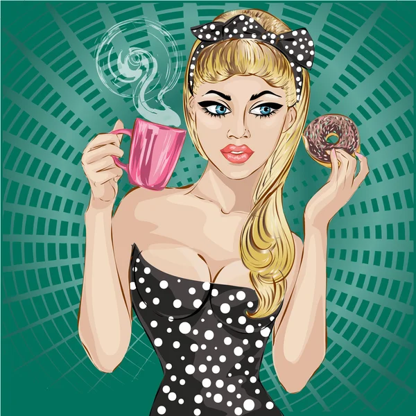 Pop Art Frauenporträt mit morgendlicher Tasse Tee und Donut — Stockvektor