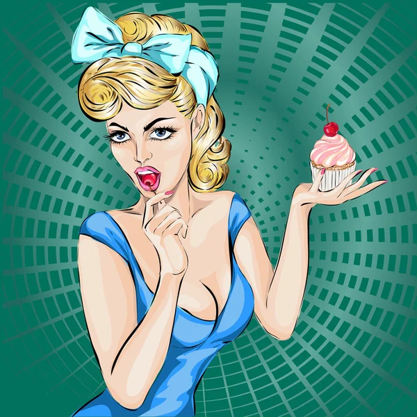 Sexy pop arte mulher retrato com cupcake — Vetor de Stock