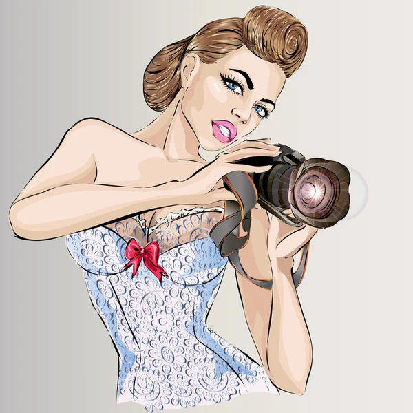 Pin-up sexy woman with camera taking pictures - Stok Vektor