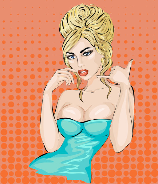 Sexy pop art woman portrait with call me hand gesture
