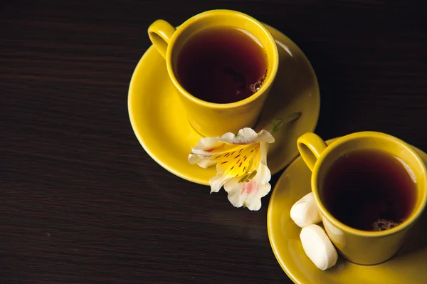 Sarı çiçek ve şeker ile çay bardak