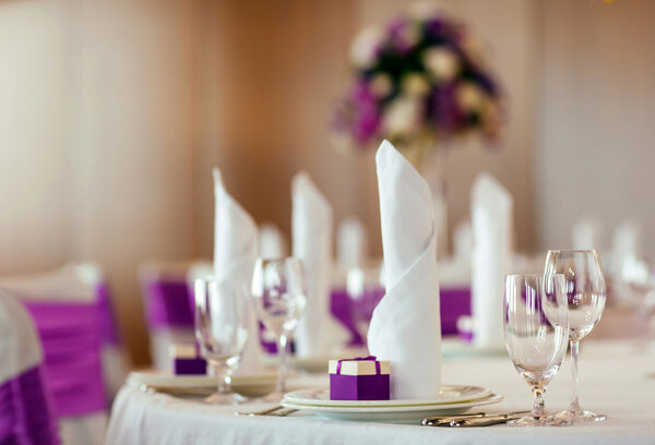 Table set for wedding or another catered event dinner. 