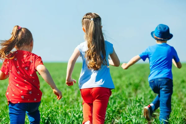 Діти Друзі Бігають Через Зелене Поле Вид Ззаду — стокове фото