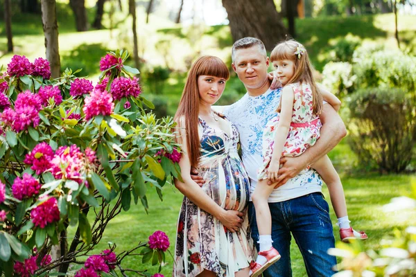 A young family, a pregnant mother, father, daughter — Stock Photo, Image