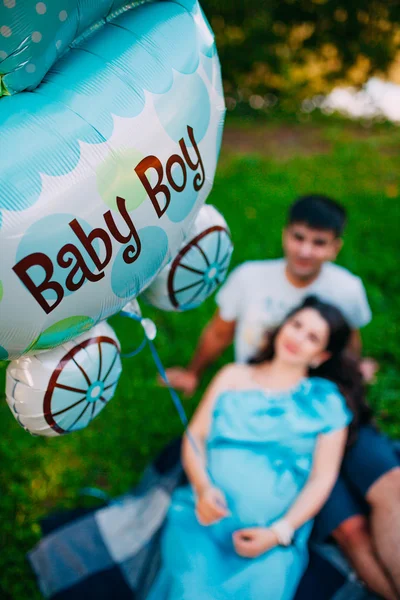 公園の美しい妊娠中のカップルを外リラックス. — ストック写真