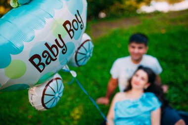 Güzel hamile çift dışında rahatlatıcı Park. 