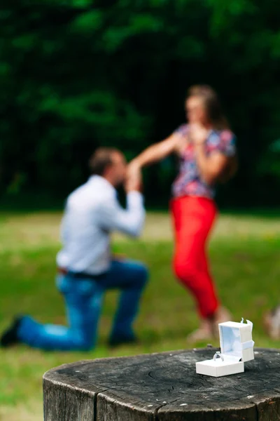 Man making propose with wedding ring in gift box.