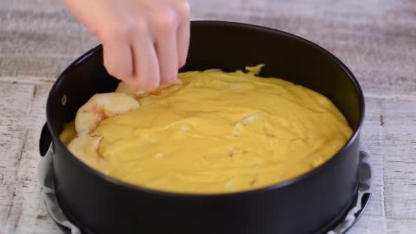 Baking Apple Pie Woman Puts Apple Slices Top Dough — Stock Video