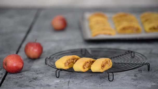 Deliciosos biscoitos caseiros de maçã no rack de refrigeração. — Vídeo de Stock