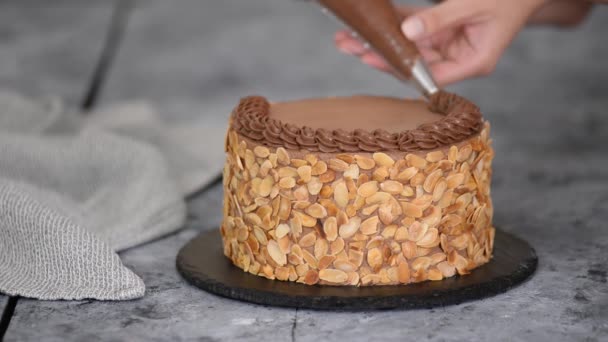 Chef decorando pastel de chocolate con crema. — Vídeo de stock