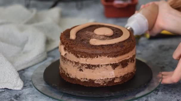 Suikerbakkersvrouw giet room op cake met behulp van gebak zak, closeup. — Stockvideo