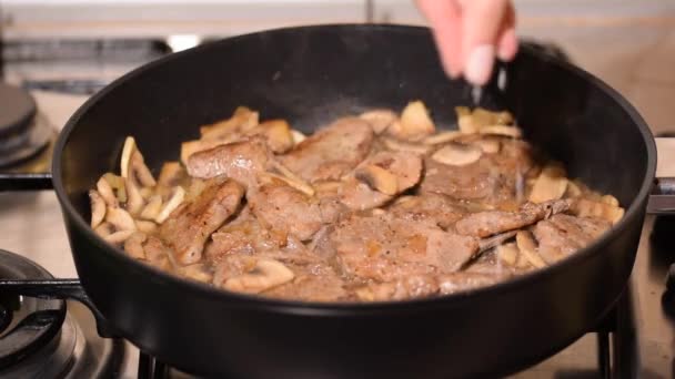 Saupoudrer le porc de sel. Cuire le porc aux champignons. Chef préparant un délicieux déjeuner de porc. — Video