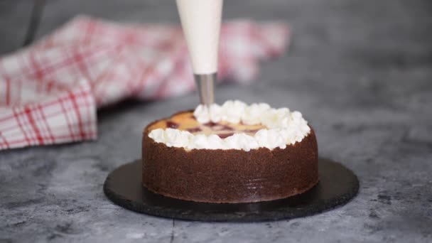 O chef de pastelaria decora o cheesecake com chantilly. — Vídeo de Stock