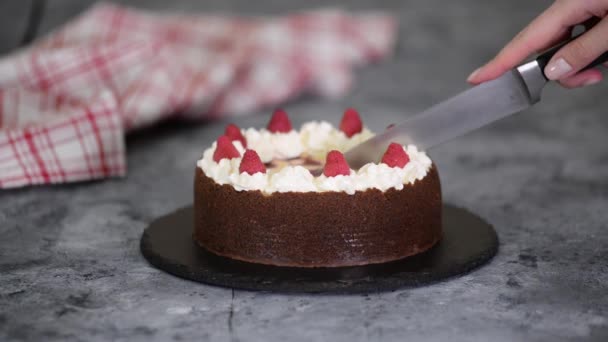 Cortar pastel de queso de chocolate de frambuesa casero. — Vídeos de Stock